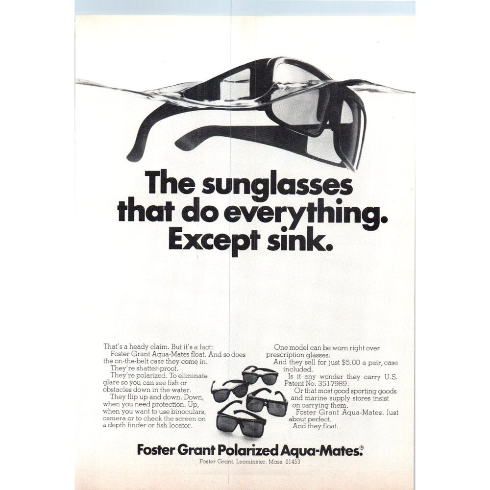 1971 Foster Grant Aqua Mates Sunglasses Vintage Print Ad 70s Fashion Wall Art
